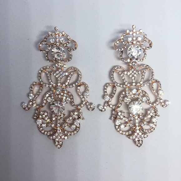 Wedding Formal Earrings Rose Gold Rhinestones - Picture 4 of 7